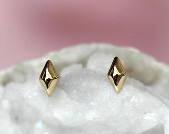 14K Gold Puffy Diamond Stud, Diamond Shape Stud, Geometric Stud, Diamond Shape Earring, Solid Gold Stud, Real Gold, Second Hole Earring