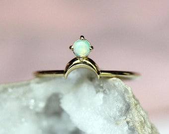 14K Opal Moon Ring, Stackable Moon Ring, Sideways Moon, Crescent Moon, Australian Opal, 10K Gold, Solid Gold Ring, Floating Stone, Dreamy