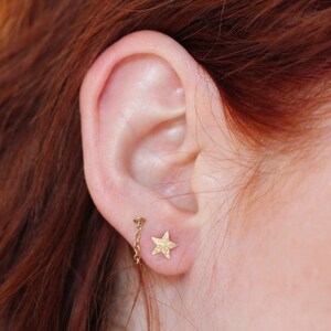 Solid 14K Star and Moon Studs, Glitter Texture, Night Sky, Gold Earring, Sparkle Finish, Mismatch Studs, Mix and Match, Astrology Jewelry image 3
