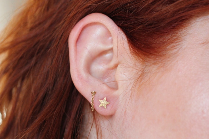 Solid 14K Star and Moon Studs, Glitter Texture, Night Sky, Gold Earring, Sparkle Finish, Mismatch Studs, Mix and Match, Astrology Jewelry image 3