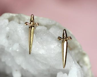 14K Gold Dagger Studs, Sword Studs, Knife Studs, Medieval Earrings, Solid Gold Studs, Real Gold, Gothic Earrings, Stacking Earrings, 10K