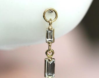 14K Double Diamond Baguette Earring Charm, Earring Dangle, Huggie Dangle, Stud Charm, Solid Gold, Hoop Charm, Piercing Charm, Earring Add On