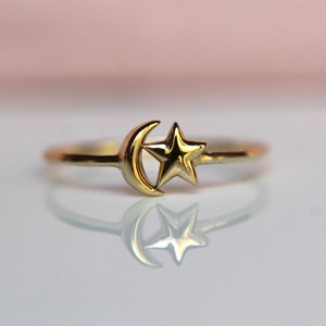 14K Star and Moon Ring, Solid Gold Ring, Astrology Jewelry, Minimal Jewelry, 10K, Celestial Jewelry, Star Ring, Moon Ring, Crescent Moon image 1