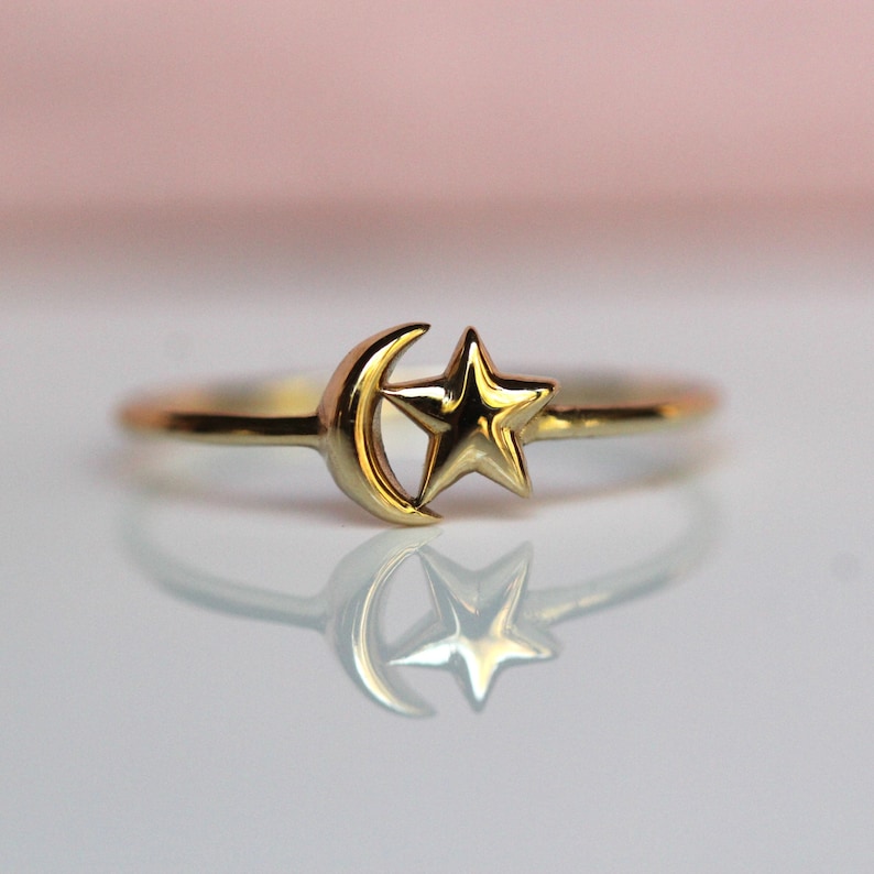 14K Star and Moon Ring, Solid Gold Ring, Astrology Jewelry, Minimal Jewelry, 10K, Celestial Jewelry, Star Ring, Moon Ring, Crescent Moon image 1