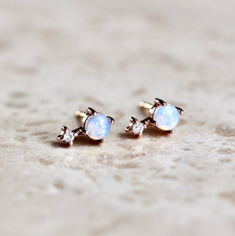 14K Gold Opal Diamond Earrings, Love Drop, Opal Studs, Diamond Earrings, October Birthstone, Two Stone Stud, Australian Opal, Drop Stud image 2