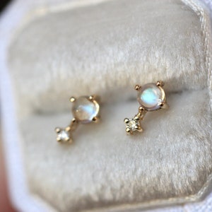 14K Gold Moonstone Diamond Earrings, Love Drop Earrings, Moonstone, Moonstone Studs, June Birthstone Two Stone Stud, Post Earrings, Real image 5