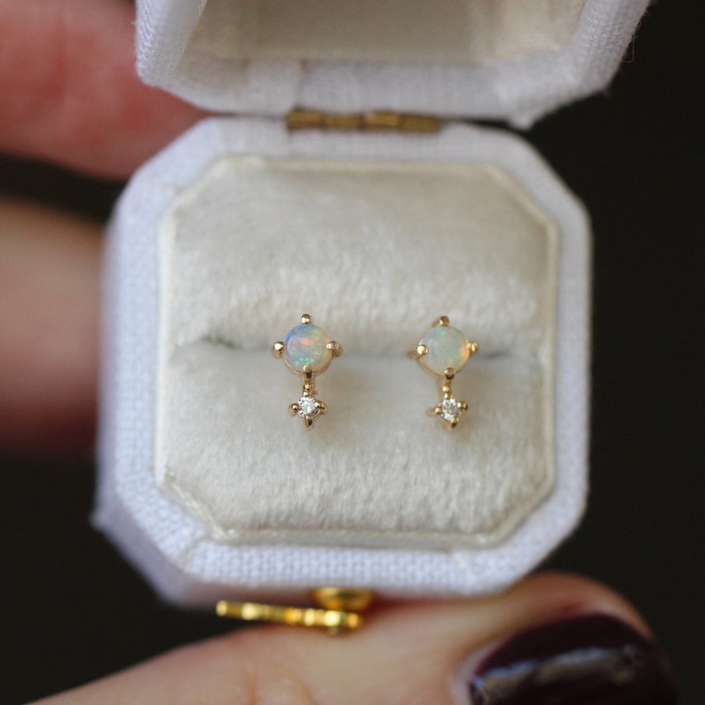 14K Gold Opal Diamond Earrings, Love Drop, Opal Studs, Diamond Earrings, October Birthstone, Two Stone Stud, Australian Opal, Drop Stud image 9