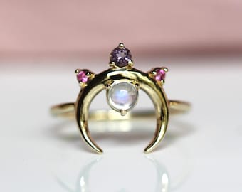 14K Crescent Moon Cluster Ring, 10K, Rainbow Moonstone, Pink Sapphire, Amethyst, Moon Ring, Celestial Ring, Multi Stone Ring, Solid Gold