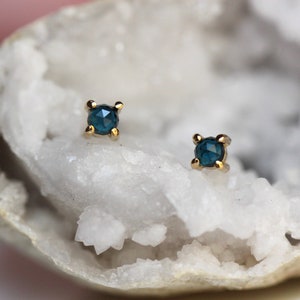 14K Gold London Blue Topaz Studs, Teal Stone, Rose Cut Stone, Every Day Wear, November Birthstone, Tiny Stud, Blue Green Stone, Cabochon image 1