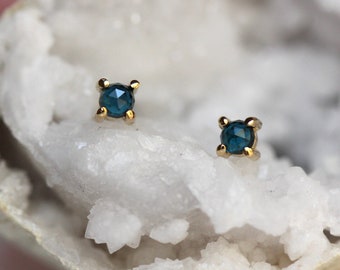 14K Gold London Blue Topaz Studs, Teal Stone, Rose Cut Stone, Every Day Wear, November Birthstone, Tiny Stud, Blue Green Stone, Cabochon