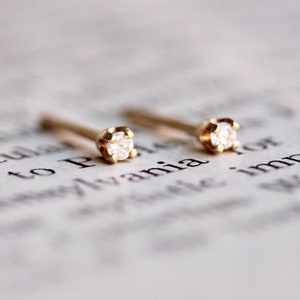 14K Gold Tiny Diamond Studs, Diamond Studs, Second Hole Studs, Dainty Studs, Solid Gold, Real Gold, Four Prong Stud, Minimal Jewelry image 9