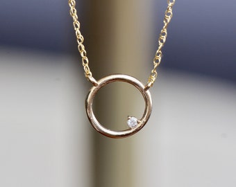 14K Open Circle Diamond Necklace, Round pendant Necklace, Layering Necklace, April Birthstone, Asymmetrical Necklace