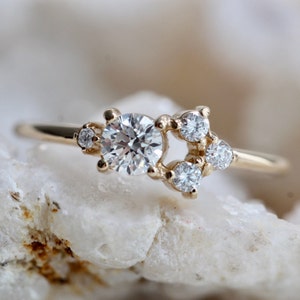 14K Gold Diamond Cluster Ring, Multi Diamond Ring, Unique Engagement Ring, Mixed Size Stones, Minimal Design, 10K, Solid Gold