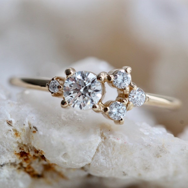 14K Gold Diamond Cluster Ring, Multi Diamond Ring, Unique Engagement Ring, Mixed Size Stones, Minimal Design