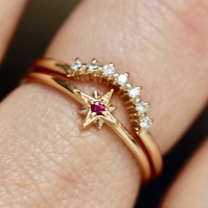 14K Gold Diamond Ring, North Star Ring, Astrology Ring, Engagement Ring, Ruby Ring, 10K, Dainty Ring, Star Jewelry, Solid Gold image 8