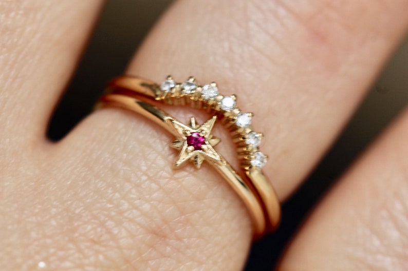 14K Gold Diamond Ring, North Star Ring, Astrology Ring, Engagement Ring, Ruby Ring, 10K, Dainty Ring, Star Jewelry, Solid Gold image 8