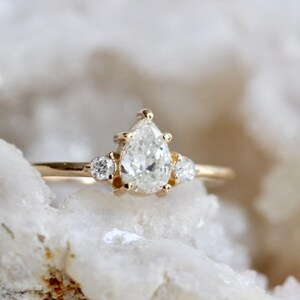 14K Gold Diamond Pear Ring, Three Stone, Pear Diamond With Side Stones ...