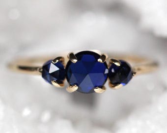 14K Gold Blue Sapphire Ring, Three Stone Ring, Triple Cabochon, Rose-Cut Stone, 10K September Birthstone, Blue Stone Ring, Navy Blue Stone
