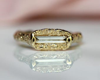 10K Elongated Diamond Baguette Ring, One of a Kind, OOAK, Long Diamond, Engagement Ring, Unique Find, Textured Band, Solid Gold, Claw Prong