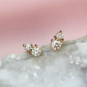 14k Gold Two Diamond Stud, Second Hole Stud, Tiny Post Earring, Mutiple Piercing Stud, Three Prong, Real Gold, Minimal Jewelry, Solid Gold