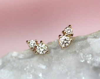 14k Gold Two Diamond Stud, Second Hole Stud, Tiny Post Earring, Mutiple Piercing Stud, Three Prong, Real Gold, Minimal Jewelry, Solid Gold