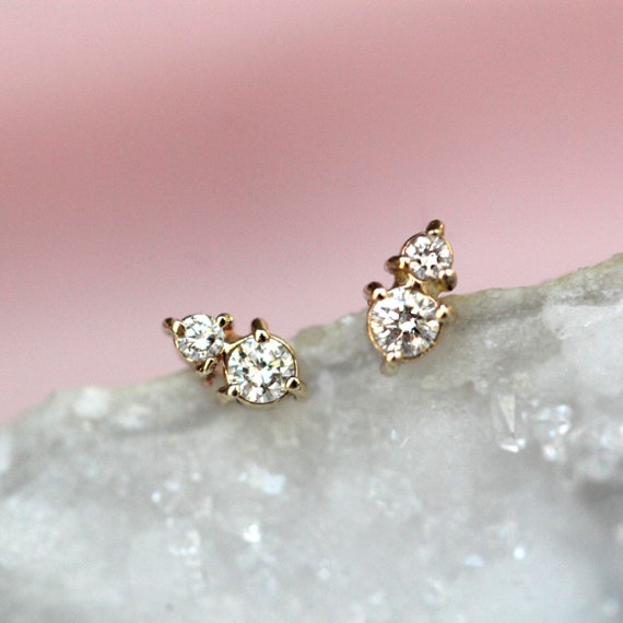 14k Gold Two Diamond Stud, Second Hole Stud, Tiny Post Earring, Mutiple  Piercing Stud, Three Prong, Real Gold, Minimal Jewelry, Solid Gold - Etsy