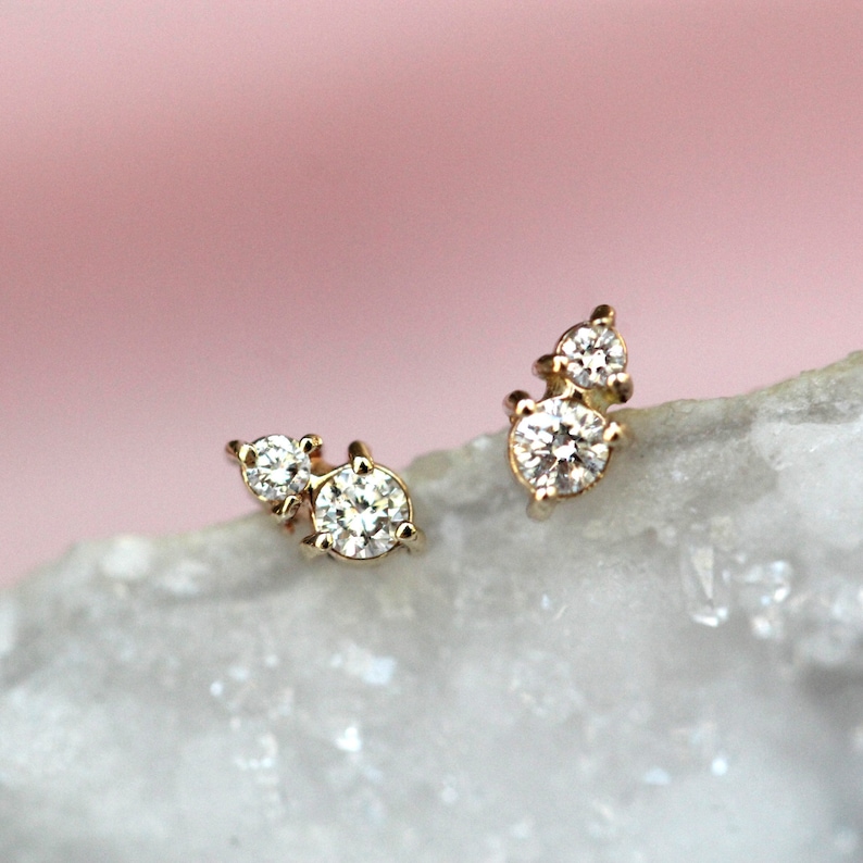 14k Gold Two Diamond Stud, Second Hole Stud, Tiny Post Earring, Mutiple Piercing Stud, Three Prong, Real Gold, Minimal Jewelry, Solid Gold image 1