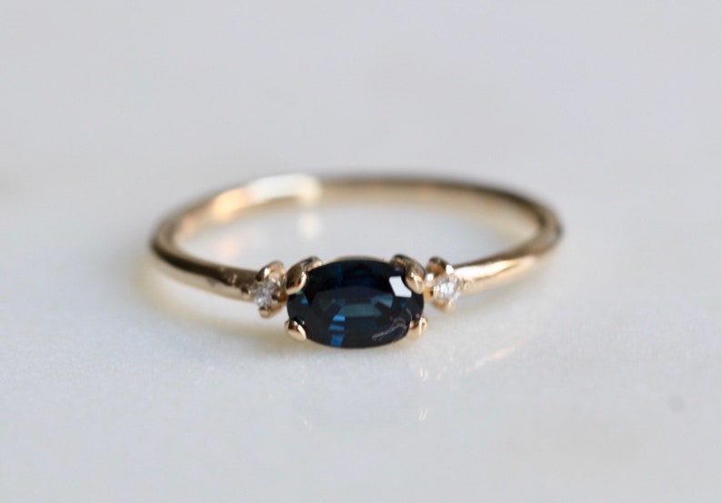 14K Gold Blue Sapphire Diamond Bridal Set, Engagement Ring, Ring Set, Stacking Ring, September Birthstone, Gemstone Engagement, Oval Stone image 8