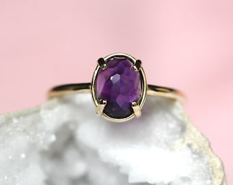 14K Gold Amethyst Statement Ring, Rose-cut Oval Stone Ring, Purple Stone Ring, Solitaire Ring, Gemstone Stone, February Birthstone, 10K Gold