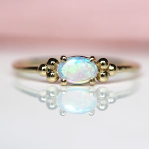 14k White Gold Oval Genuine Australian Opal Cabochon Beaded Ring 14k White Gold Oval Genuine Australian Opal Cabochon Beaded Ring