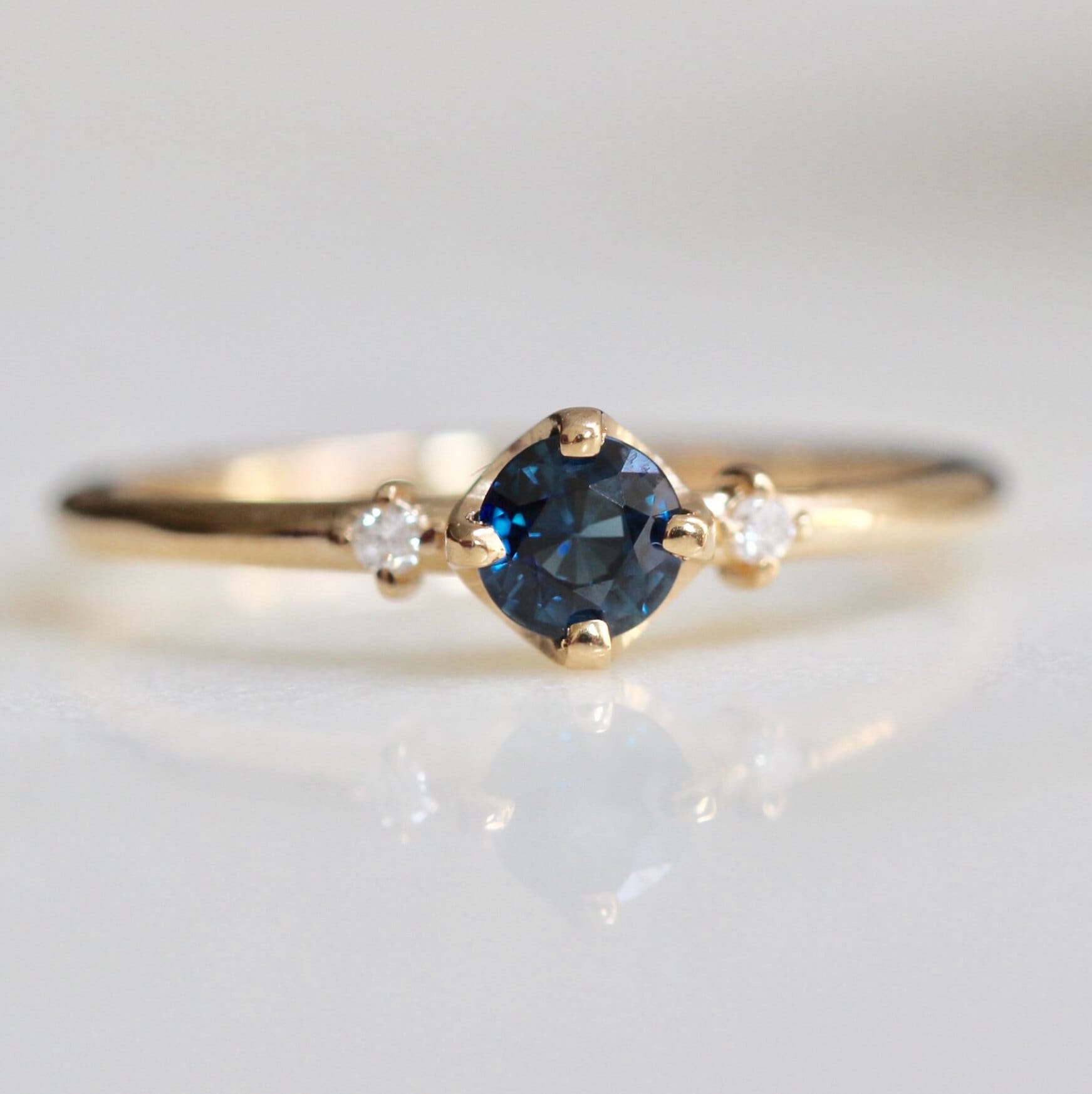 Three Stone Blue Sapphire Engagement Ring w/ Diamond Accents 18K Yellow Gold