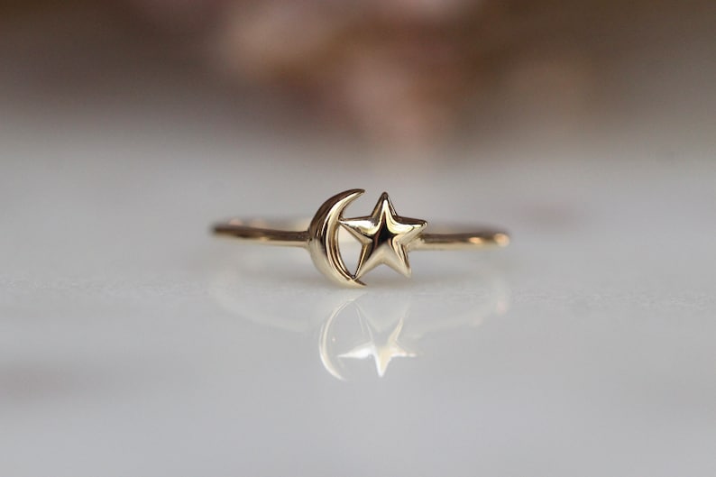 14K Star and Moon Ring, Solid Gold Ring, Astrology Jewelry, Minimal Jewelry, 10K, Celestial Jewelry, Star Ring, Moon Ring, Crescent Moon image 3