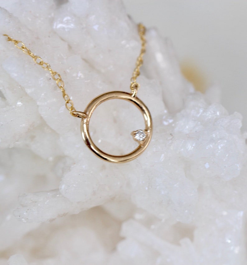 14K Open Circle Diamond Necklace, Round pendant Necklace, Layering Necklace, April Birthstone, Open Pendant, Lightweight, Everyday Wear image 4