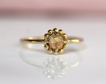 14K Beaded Halo Ring, Citrine Ring, Light Green Stone, November Birthstone, Rose-cut Peridot, Solid Gold, 10K Gold, Solitaire Halo Ring