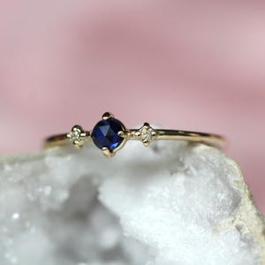 14K Blue Sapphire Three Stone Ring, Diamond Sapphire, 10K Gold, Solid Gold Ring, Minimal Jewelry, September Birthstone, Blue Stone, Rose-cut