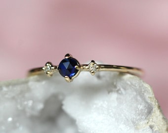 14K Blue Sapphire Three Stone Ring, Diamond Sapphire, 10K Gold, Solid Gold Ring, Minimal Jewelry, September Birthstone, Blue Stone, Rose-cut