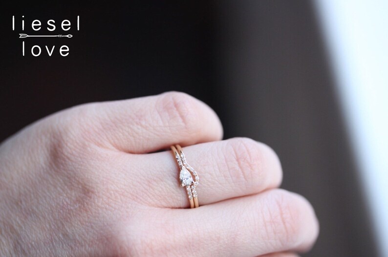 14K Gold Pear Diamond Engagement Ring Set, Perfect Pear Ring Set, Engagement Ring, Dainty Engagement Ring, Diamond Ring, Dainty Ring image 4