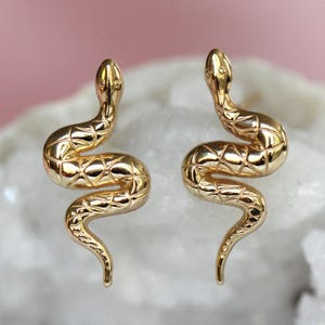 Könnte beinhalten: Ein Paar goldfarbene Ohrstecker in Schlangenform. Jeder Ohrring hat eine polierte, reflektierende Oberfläche mit einer detaillierten, eingravierten Rautenstruktur entlang des Schlangenkörpers, die in einem glatten, spitz zulaufenden Schwanz endet.
