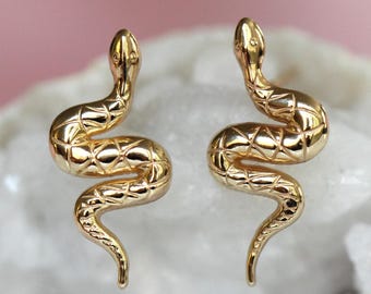 14K Gold Snake Studs, 10K Snake Earrings, Serpent Earrings, Post Studs, Solid Gold, Reptile, Wave Shape, Animal Earrings, Real Gold