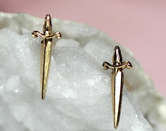 14K Gold Dagger Studs, Sword Studs, Knife Studs, Medieval Earrings, Solid Gold Studs, Real Gold, Gothic Earrings, Stacking Earrings, 10K