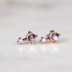 14K Gold Moonstone Diamond Earrings, Love Drop Earrings, Moonstone, Moonstone Studs, June Birthstone Two Stone Stud, Post Earrings, Real image 10