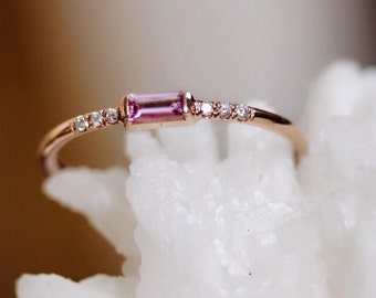 14K Gold Pink Sapphire Baguette & Pavé Diamond "Rock Candy" Ring