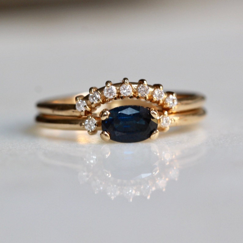 14K Gold Blue Sapphire Diamond Bridal Set, Engagement Ring, Ring Set, Stacking Ring, September Birthstone, Gemstone Engagement, Oval Stone image 1