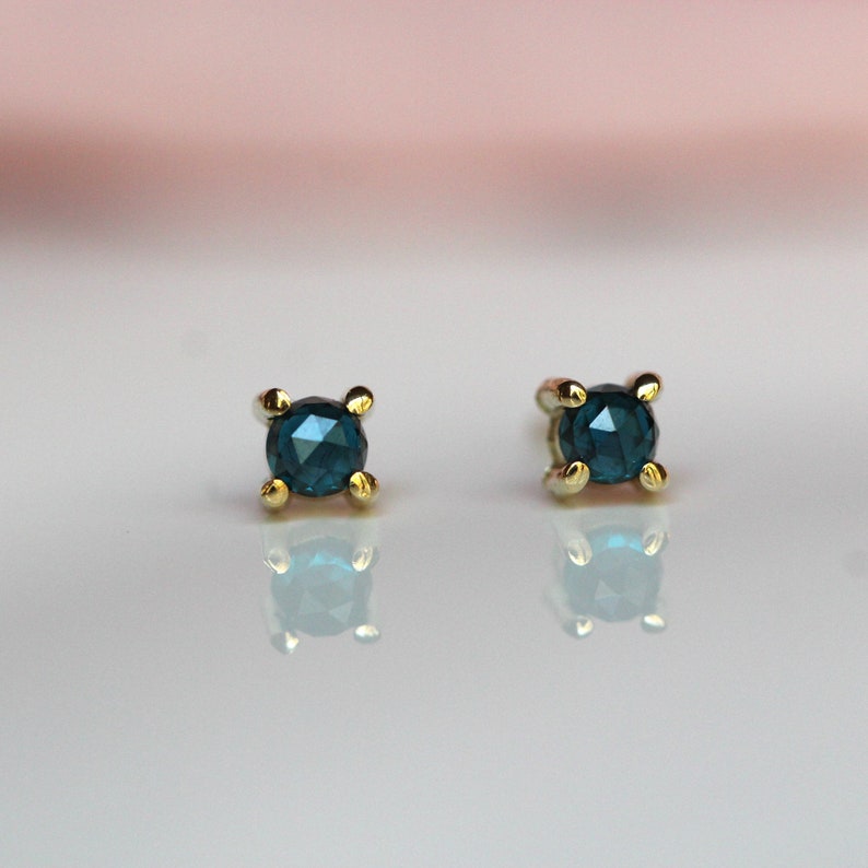 14K Gold London Blue Topaz Studs, Teal Stone, Rose Cut Stone, Every Day Wear, November Birthstone, Tiny Stud, Blue Green Stone, Cabochon image 4