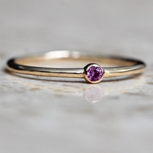 14K Gold Tiny Pink Sapphire Ring, Pink Stone Ring, 10K Dainty Ring, Dainty Jewelry, Stacking Ring, September Birthstone, Bezel Stacker