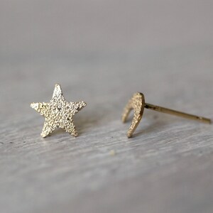 Solid 14K Star and Moon Studs, Glitter Texture, Night Sky, Gold Earring, Sparkle Finish, Mismatch Studs, Mix and Match, Astrology Jewelry image 5