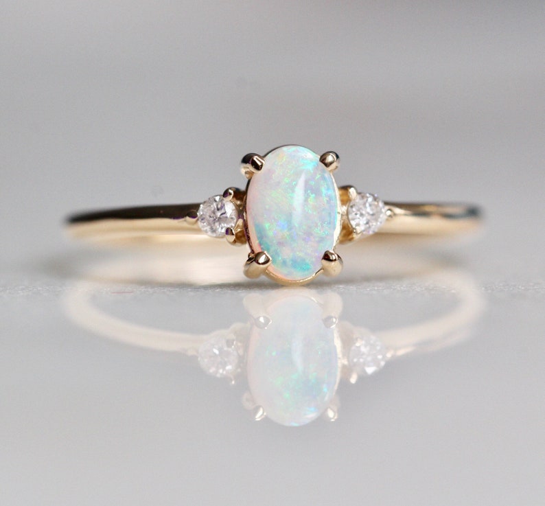 14K Gold Opal Diamond Ring Three Stone Ring Multicolor - Etsy