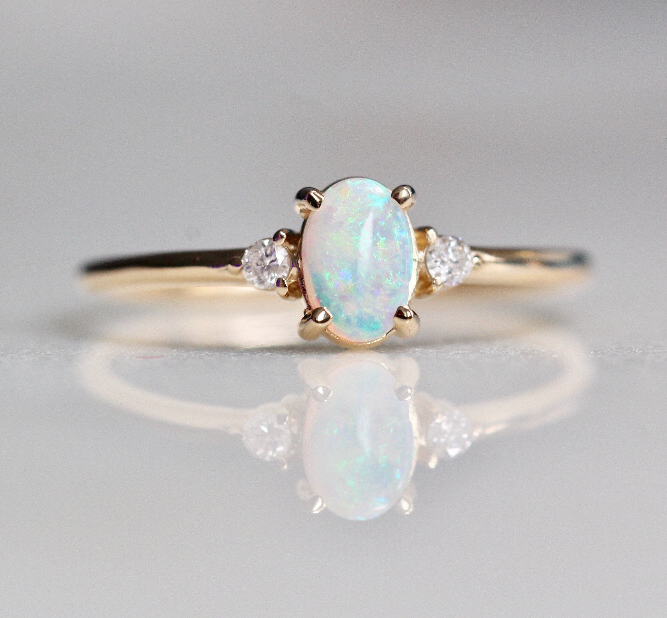14K Gold Opal Diamond Three Stone Ring