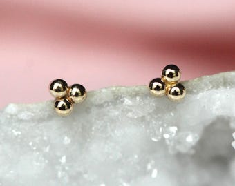 Solid 14K Gold Bead Studs, Triangle Studs, Three Dot Studs, Real Gold, Beaded Studs, Dot Studs, Triple Dot Studs, Solid Gold, Bead Stud