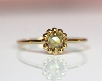 14K Beaded Halo Ring, Peridot Ring, Light Green Stone, August Birthstone, Rose-cut Peridot, Solid Gold, 10K Gold, Solitaire Halo Ring